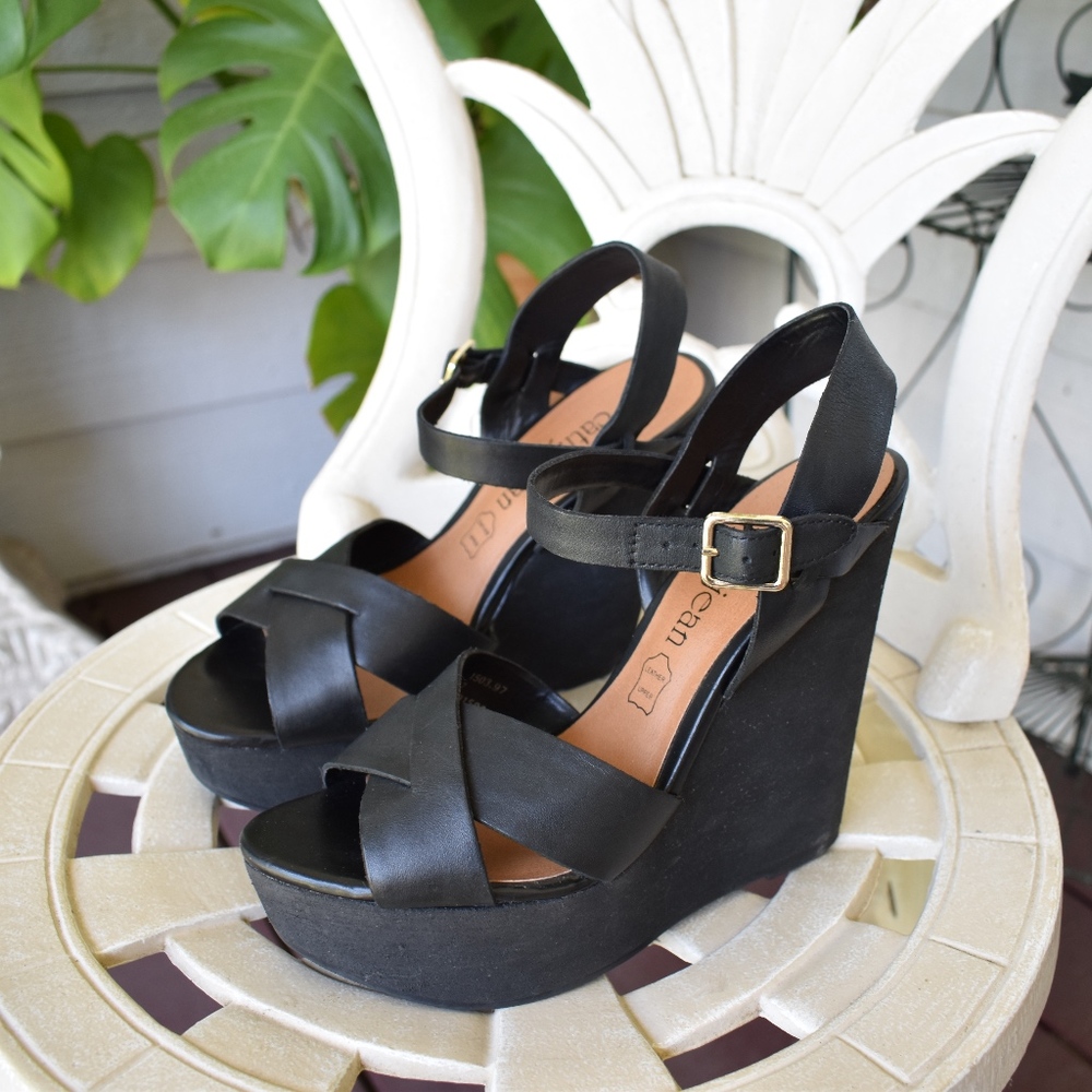 Black leather wedges